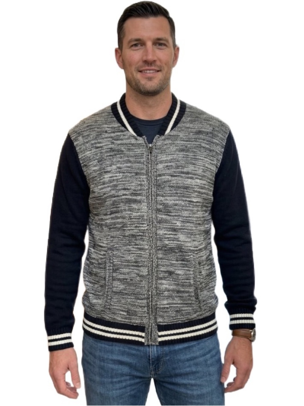 American Rag Men's Gray Marled & Black Zip-Up Bomber Sweater